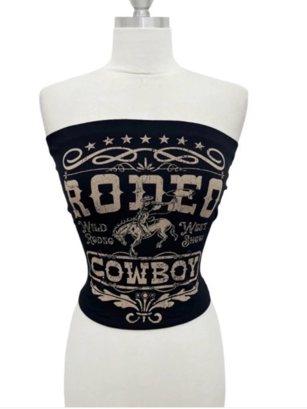 Rodeo Cowboy Graphic Tube Top - Black with Beige Print
